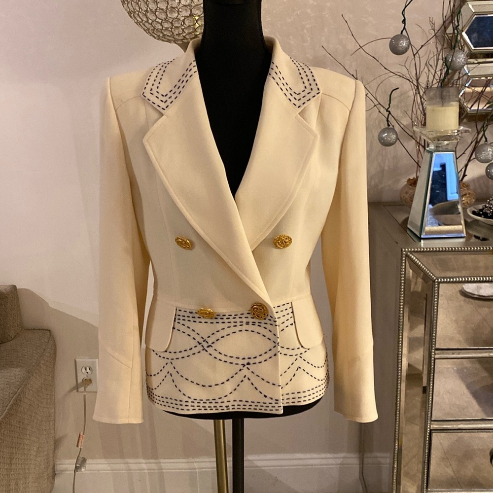 Christian Lacroix Cream Double-Breasted Blazer with Navy Stitching